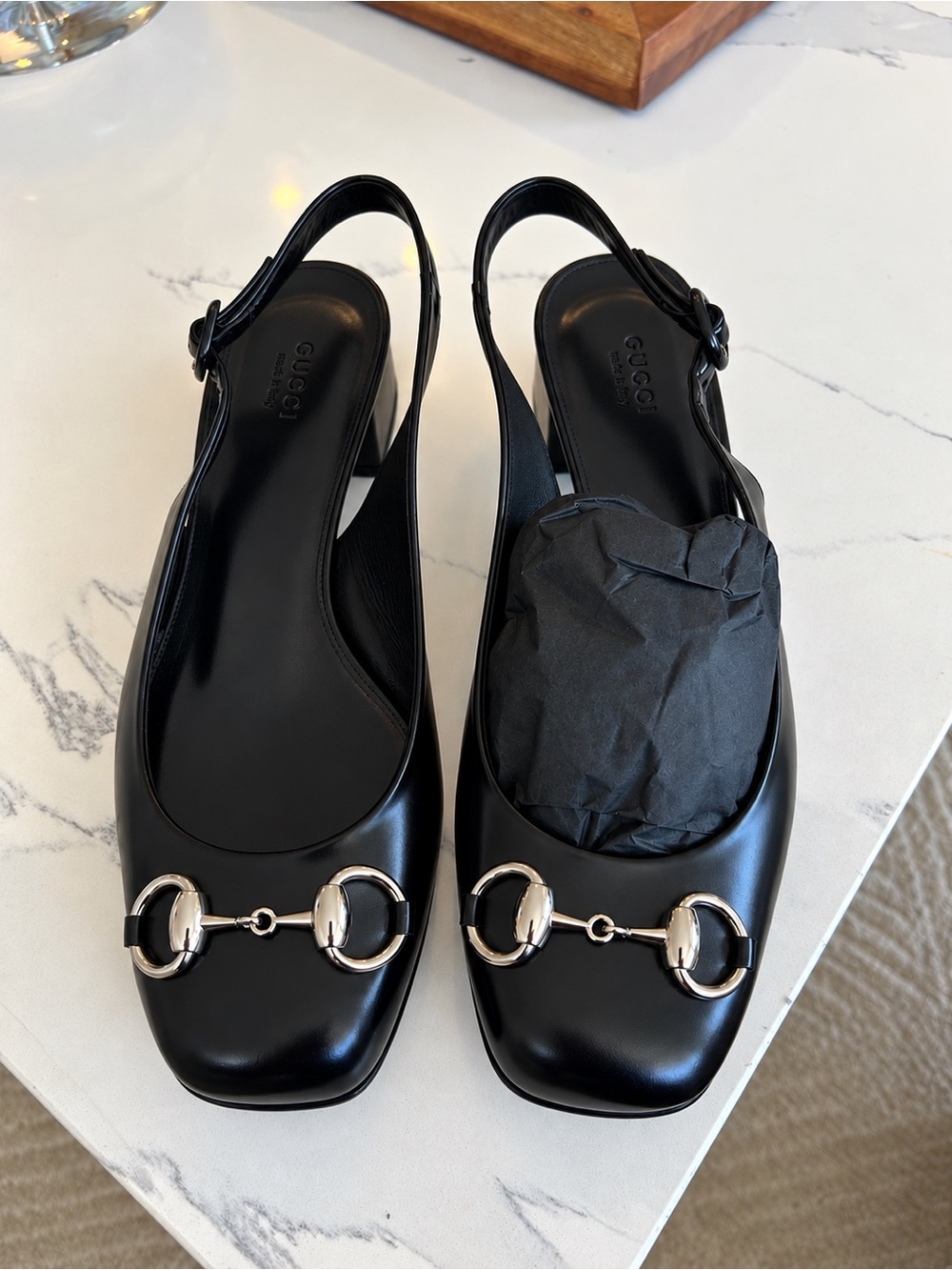 Gucci Black Leather Horsebit Slingback Flats with Silver Hardware